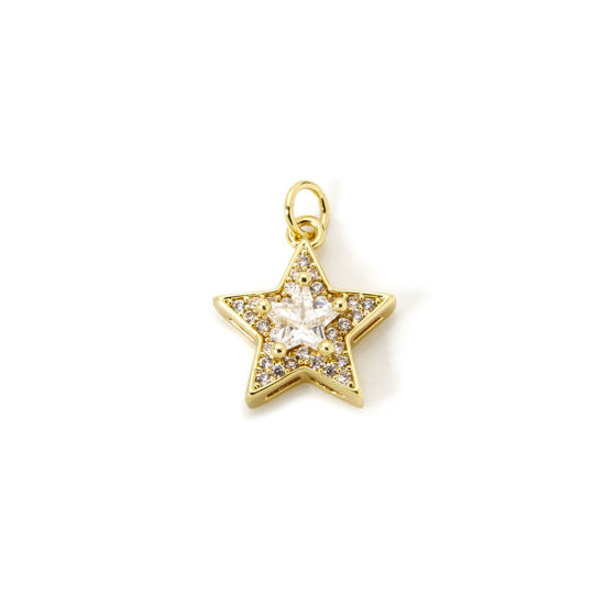 Picture of 1 Piece Eco-friendly Brass Galaxy Charms 18K Real Gold Plated Pentagram Star Micro Pave Clear Cubic Zirconia 20mm x 15mm