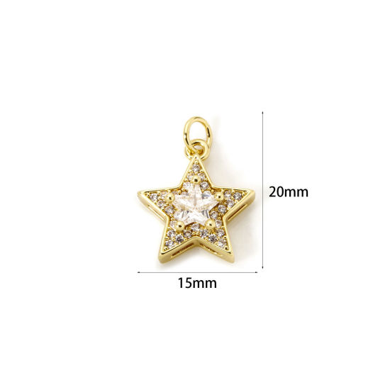 Picture of 1 Piece Eco-friendly Brass Galaxy Charms 18K Real Gold Plated Pentagram Star Micro Pave Clear Cubic Zirconia 20mm x 15mm