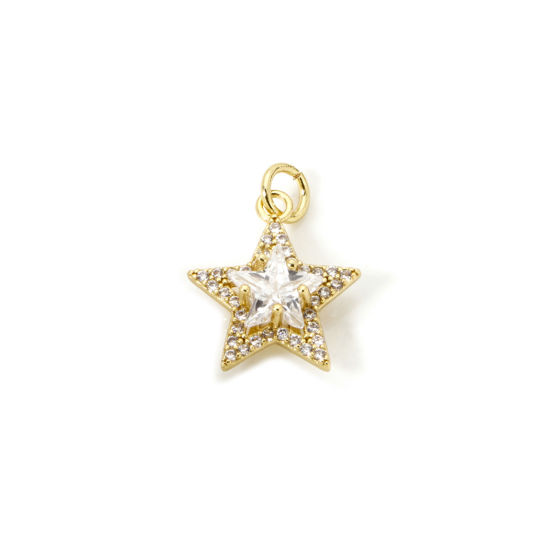 Picture of 1 Piece Eco-friendly Brass Galaxy Charms 18K Real Gold Plated Pentagram Star Micro Pave Clear Cubic Zirconia 19mm x 14mm