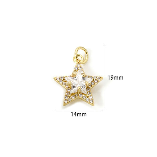 Picture of 1 Piece Eco-friendly Brass Galaxy Charms 18K Real Gold Plated Pentagram Star Micro Pave Clear Cubic Zirconia 19mm x 14mm