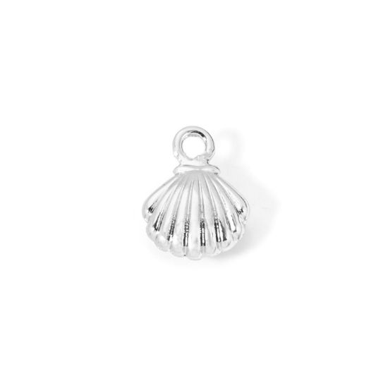 Image de 2 Pcs Breloques Bijoux d'Océan Respectueux de la Nature en Laiton Plaqué Platine Véritable Coquille 3D à Zircone Cubique Clair 14mm x 10mm