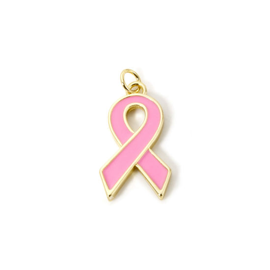 Immagine di 2 Pz Ecologico Ottone Tema del Nastro Rosa per la Consapevolezza del Cancro al Seno Ciondoli 18K Vero Oro Placcato Rosa Nastro Smalto 26mm x 13mm