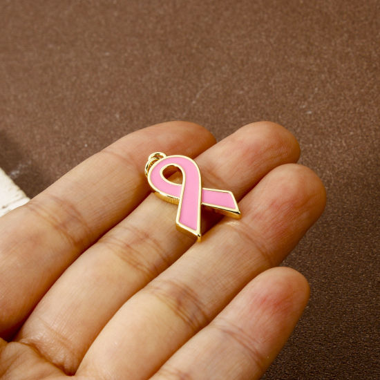 Immagine di 2 Pz Ecologico Ottone Tema del Nastro Rosa per la Consapevolezza del Cancro al Seno Ciondoli 18K Vero Oro Placcato Rosa Nastro Smalto 26mm x 13mm