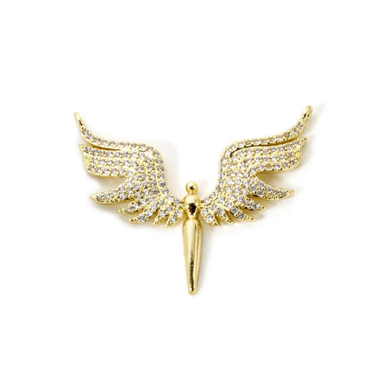 Bild von 1 Stück Umweltfreundlich Messing Steckverbinder Charms Anhänger 18K Echtgold plattiert Flügel Micro Pave Klar Kubischer Zirkon 3.7cm x 3cm
