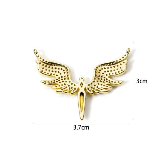 Bild von 1 Stück Umweltfreundlich Messing Steckverbinder Charms Anhänger 18K Echtgold plattiert Flügel Micro Pave Klar Kubischer Zirkon 3.7cm x 3cm