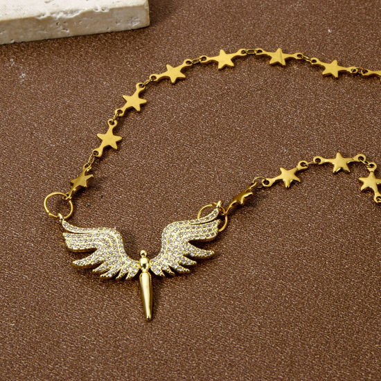 Bild von 1 Stück Umweltfreundlich Messing Steckverbinder Charms Anhänger 18K Echtgold plattiert Flügel Micro Pave Klar Kubischer Zirkon 3.7cm x 3cm