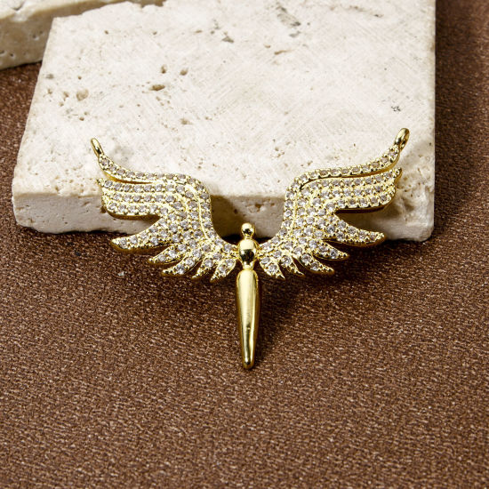 Bild von 1 Stück Umweltfreundlich Messing Steckverbinder Charms Anhänger 18K Echtgold plattiert Flügel Micro Pave Klar Kubischer Zirkon 3.7cm x 3cm