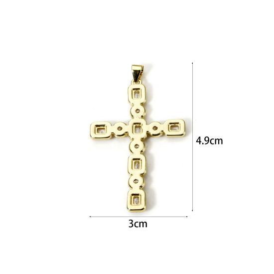 Picture of 1 Piece Eco-friendly Brass Religious Pendants 18K Real Gold Plated Cross Micro Pave Clear Cubic Zirconia 4.9cm x 3cm