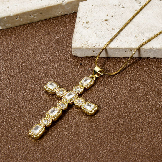Picture of 1 Piece Eco-friendly Brass Religious Pendants 18K Real Gold Plated Cross Micro Pave Clear Cubic Zirconia 4.9cm x 3cm