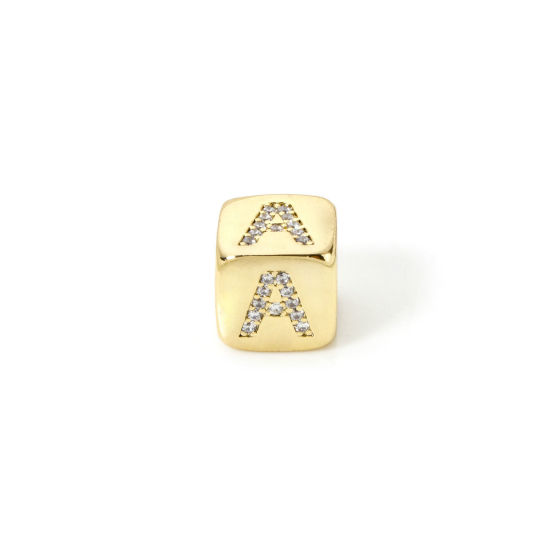 Picture of 1 Piece Eco-friendly Brass Beads For DIY Jewelry Making 18K Real Gold Plated Cube Capital Alphabet Initial Letter Message " A " Micro Pave Clear Cubic Zirconia 9mm x 9mm, Hole: Approx 3.5mm