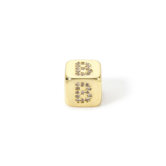 Picture of 1 Piece Eco-friendly Brass Beads For DIY Jewelry Making 18K Real Gold Plated Cube Capital Alphabet Initial Letter Message " B " Micro Pave Clear Cubic Zirconia 9mm x 9mm, Hole: Approx 3.5mm