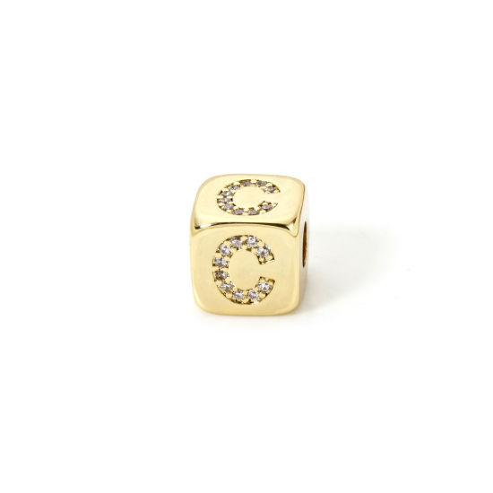 Picture of 1 Piece Eco-friendly Brass Beads For DIY Jewelry Making 18K Real Gold Plated Cube Capital Alphabet Initial Letter Message " C " Micro Pave Clear Cubic Zirconia 9mm x 9mm, Hole: Approx 3.5mm