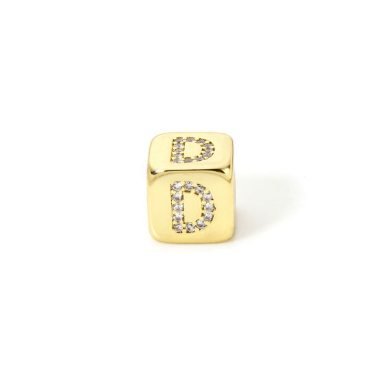Picture of 1 Piece Eco-friendly Brass Beads For DIY Jewelry Making 18K Real Gold Plated Cube Capital Alphabet Initial Letter Message " D " Micro Pave Clear Cubic Zirconia 9mm x 9mm, Hole: Approx 3.5mm