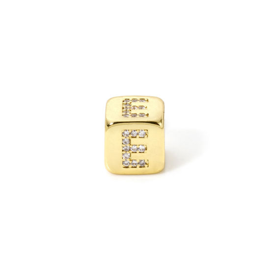 Picture of 1 Piece Eco-friendly Brass Beads For DIY Jewelry Making 18K Real Gold Plated Cube Capital Alphabet Initial Letter Message " E " Micro Pave Clear Cubic Zirconia 9mm x 9mm, Hole: Approx 3.5mm