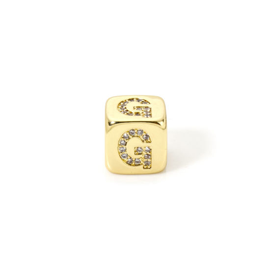 Picture of 1 Piece Eco-friendly Brass Beads For DIY Jewelry Making 18K Real Gold Plated Cube Capital Alphabet Initial Letter Message " G " Micro Pave Clear Cubic Zirconia 9mm x 9mm, Hole: Approx 3.5mm