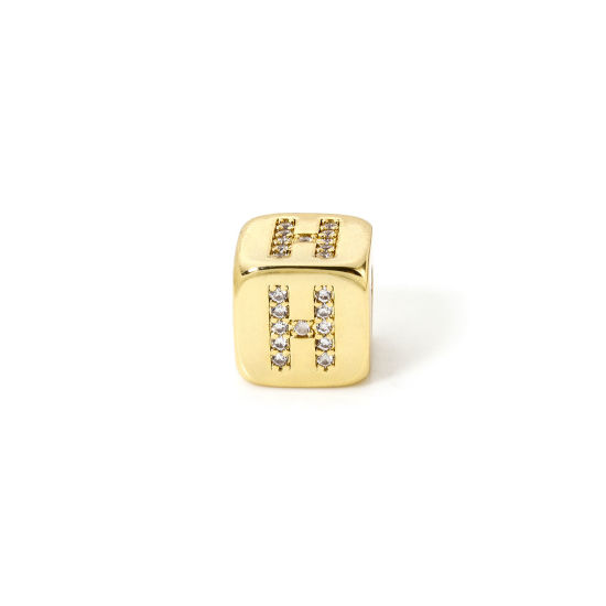 Picture of 1 Piece Eco-friendly Brass Beads For DIY Jewelry Making 18K Real Gold Plated Cube Capital Alphabet Initial Letter Message " H " Micro Pave Clear Cubic Zirconia 9mm x 9mm, Hole: Approx 3.5mm