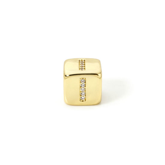 Picture of 1 Piece Eco-friendly Brass Beads For DIY Jewelry Making 18K Real Gold Plated Cube Capital Alphabet Initial Letter Message " I " Micro Pave Clear Cubic Zirconia 9mm x 9mm, Hole: Approx 3.5mm