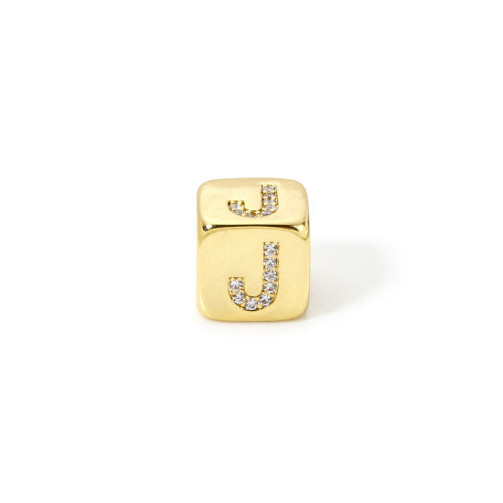 Picture of 1 Piece Eco-friendly Brass Beads For DIY Jewelry Making 18K Real Gold Plated Cube Capital Alphabet Initial Letter Message " J " Micro Pave Clear Cubic Zirconia 9mm x 9mm, Hole: Approx 3.5mm