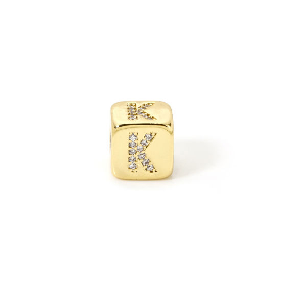 Picture of 1 Piece Eco-friendly Brass Beads For DIY Jewelry Making 18K Real Gold Plated Cube Capital Alphabet Initial Letter Message " K " Micro Pave Clear Cubic Zirconia 9mm x 9mm, Hole: Approx 3.5mm