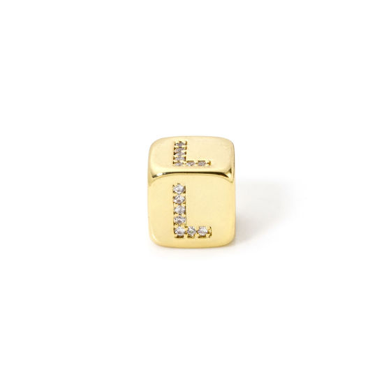 Picture of 1 Piece Eco-friendly Brass Beads For DIY Jewelry Making 18K Real Gold Plated Cube Capital Alphabet Initial Letter Message " L " Micro Pave Clear Cubic Zirconia 9mm x 9mm, Hole: Approx 3.5mm