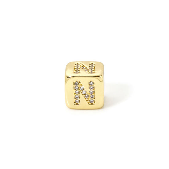 Picture of 1 Piece Eco-friendly Brass Beads For DIY Jewelry Making 18K Real Gold Plated Cube Capital Alphabet Initial Letter Message " N " Micro Pave Clear Cubic Zirconia 9mm x 9mm, Hole: Approx 3.5mm
