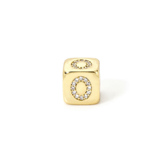 Picture of 1 Piece Eco-friendly Brass Beads For DIY Jewelry Making 18K Real Gold Plated Cube Capital Alphabet Initial Letter Message " O " Micro Pave Clear Cubic Zirconia 9mm x 9mm, Hole: Approx 3.5mm