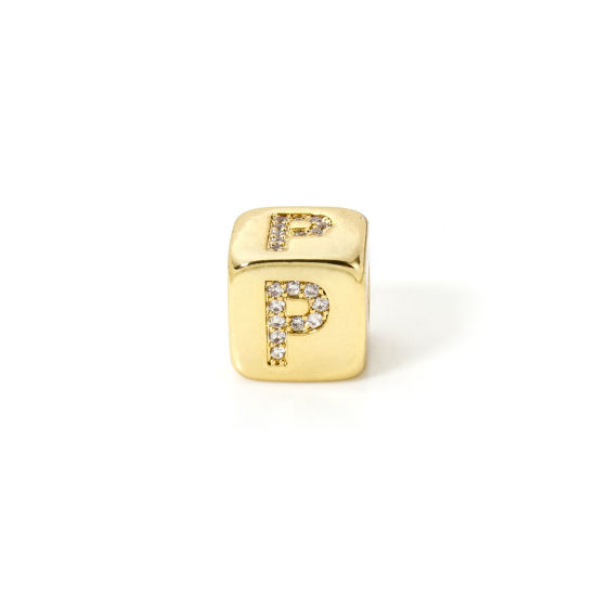 Picture of 1 Piece Eco-friendly Brass Beads For DIY Jewelry Making 18K Real Gold Plated Cube Capital Alphabet Initial Letter Message " P " Micro Pave Clear Cubic Zirconia 9mm x 9mm, Hole: Approx 3.5mm