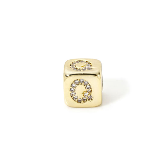 Picture of 1 Piece Eco-friendly Brass Beads For DIY Jewelry Making 18K Real Gold Plated Cube Capital Alphabet Initial Letter Message " Q " Micro Pave Clear Cubic Zirconia 9mm x 9mm, Hole: Approx 3.5mm