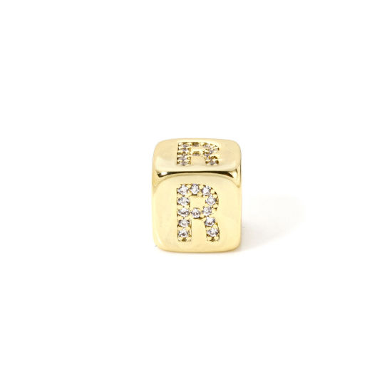 Picture of 1 Piece Eco-friendly Brass Beads For DIY Jewelry Making 18K Real Gold Plated Cube Capital Alphabet Initial Letter Message " R " Micro Pave Clear Cubic Zirconia 9mm x 9mm, Hole: Approx 3.5mm