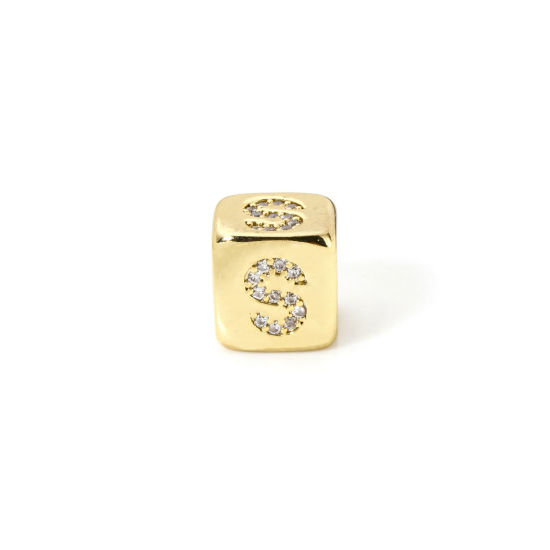 Picture of 1 Piece Eco-friendly Brass Beads For DIY Jewelry Making 18K Real Gold Plated Cube Capital Alphabet Initial Letter Message " S " Micro Pave Clear Cubic Zirconia 9mm x 9mm, Hole: Approx 3.5mm