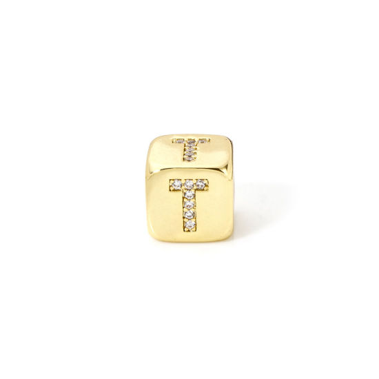 Picture of 1 Piece Eco-friendly Brass Beads For DIY Jewelry Making 18K Real Gold Plated Cube Capital Alphabet Initial Letter Message " T " Micro Pave Clear Cubic Zirconia 9mm x 9mm, Hole: Approx 3.5mm