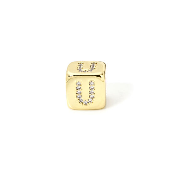 Picture of 1 Piece Eco-friendly Brass Beads For DIY Jewelry Making 18K Real Gold Plated Cube Capital Alphabet Initial Letter Message " U " Micro Pave Clear Cubic Zirconia 9mm x 9mm, Hole: Approx 3.5mm