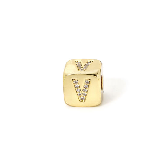 Picture of 1 Piece Eco-friendly Brass Beads For DIY Jewelry Making 18K Real Gold Plated Cube Capital Alphabet Initial Letter Message " V " Micro Pave Clear Cubic Zirconia 9mm x 9mm, Hole: Approx 3.5mm
