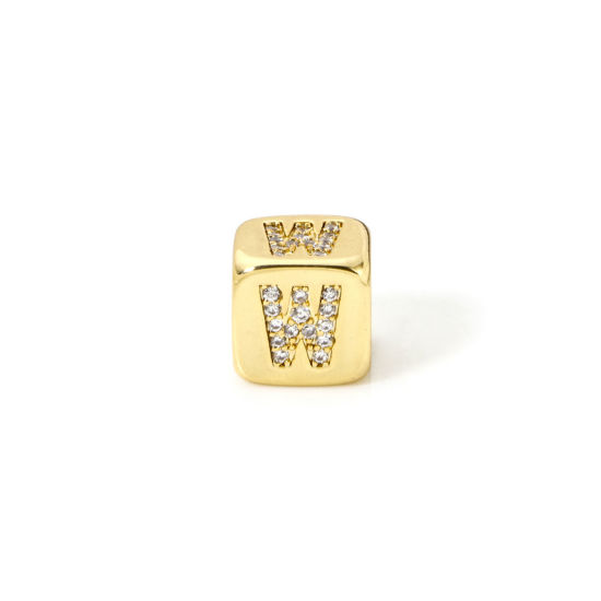 Picture of 1 Piece Eco-friendly Brass Beads For DIY Jewelry Making 18K Real Gold Plated Cube Capital Alphabet Initial Letter Message " W " Micro Pave Clear Cubic Zirconia 9mm x 9mm, Hole: Approx 3.5mm
