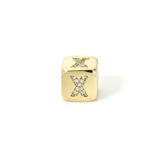 Picture of 1 Piece Eco-friendly Brass Beads For DIY Jewelry Making 18K Real Gold Plated Cube Capital Alphabet Initial Letter Message " X " Micro Pave Clear Cubic Zirconia 9mm x 9mm, Hole: Approx 3.5mm
