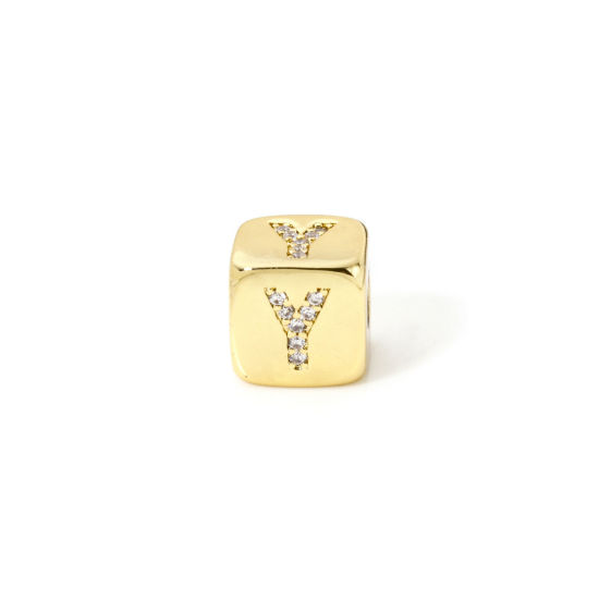 Picture of 1 Piece Eco-friendly Brass Beads For DIY Jewelry Making 18K Real Gold Plated Cube Capital Alphabet Initial Letter Message " Y " Micro Pave Clear Cubic Zirconia 9mm x 9mm, Hole: Approx 3.5mm