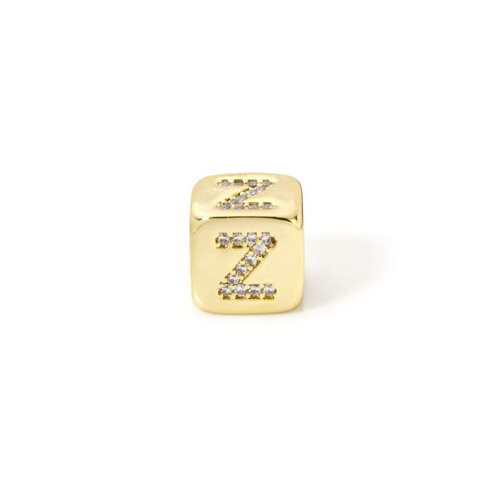 Picture of 1 Piece Eco-friendly Brass Beads For DIY Jewelry Making 18K Real Gold Plated Cube Capital Alphabet Initial Letter Message " Z " Micro Pave Clear Cubic Zirconia 9mm x 9mm, Hole: Approx 3.5mm