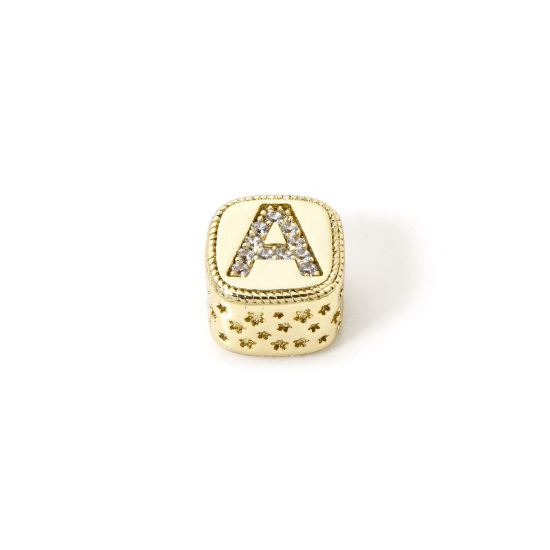 Bild von 1 Stück Umweltfreundlich Messing Perlen zur DIY-Schmuckherstellung 18K Echtgold plattiert Würfel Anfangsbuchstabe/ Großbuchstabe Message " A " Micro Pave Klar Zirkonia 9mm x 9mm, Loch: ca. 3.8mm