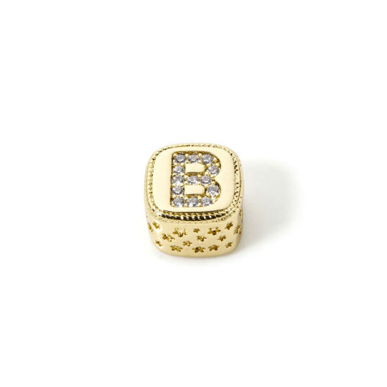 Bild von 1 Stück Umweltfreundlich Messing Perlen zur DIY-Schmuckherstellung 18K Echtgold plattiert Würfel Anfangsbuchstabe/ Großbuchstabe Message " B " Micro Pave Klar Zirkonia 9mm x 9mm, Loch: ca. 3.8mm