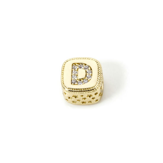 Bild von 1 Stück Umweltfreundlich Messing Perlen zur DIY-Schmuckherstellung 18K Echtgold plattiert Würfel Anfangsbuchstabe/ Großbuchstabe Message " D " Micro Pave Klar Zirkonia 9mm x 9mm, Loch: ca. 3.8mm