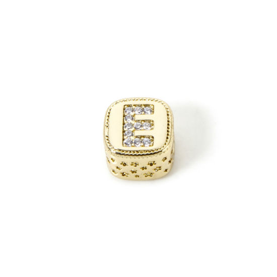 Bild von 1 Stück Umweltfreundlich Messing Perlen zur DIY-Schmuckherstellung 18K Echtgold plattiert Würfel Anfangsbuchstabe/ Großbuchstabe Message " E " Micro Pave Klar Zirkonia 9mm x 9mm, Loch: ca. 3.8mm