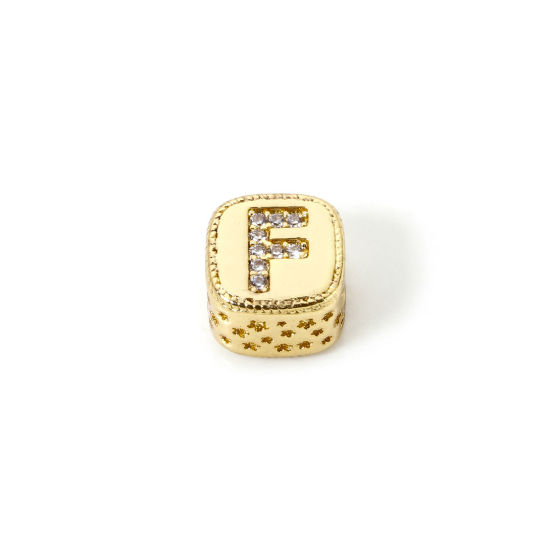 Bild von 1 Stück Umweltfreundlich Messing Perlen zur DIY-Schmuckherstellung 18K Echtgold plattiert Würfel Anfangsbuchstabe/ Großbuchstabe Message " F " Micro Pave Klar Zirkonia 9mm x 9mm, Loch: ca. 3.8mm