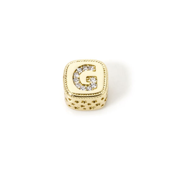 Bild von 1 Stück Umweltfreundlich Messing Perlen zur DIY-Schmuckherstellung 18K Echtgold plattiert Würfel Anfangsbuchstabe/ Großbuchstabe Message " G " Micro Pave Klar Zirkonia 9mm x 9mm, Loch: ca. 3.8mm