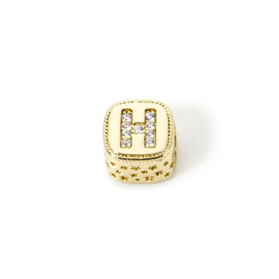 Bild von 1 Stück Umweltfreundlich Messing Perlen zur DIY-Schmuckherstellung 18K Echtgold plattiert Würfel Anfangsbuchstabe/ Großbuchstabe Message " H " Micro Pave Klar Zirkonia 9mm x 9mm, Loch: ca. 3.8mm