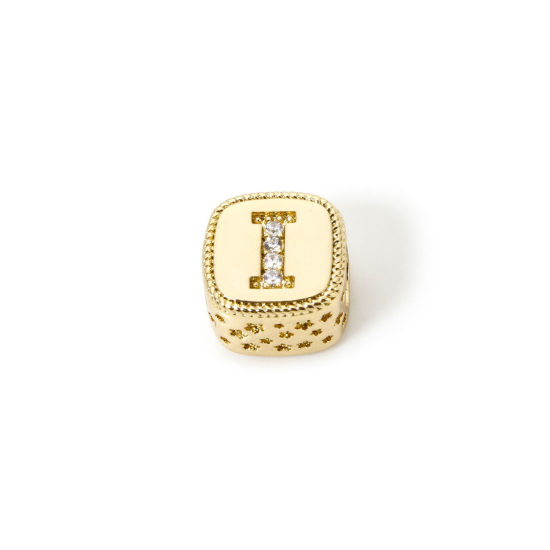 Bild von 1 Stück Umweltfreundlich Messing Perlen zur DIY-Schmuckherstellung 18K Echtgold plattiert Würfel Anfangsbuchstabe/ Großbuchstabe Message " I " Micro Pave Klar Zirkonia 9mm x 9mm, Loch: ca. 3.8mm