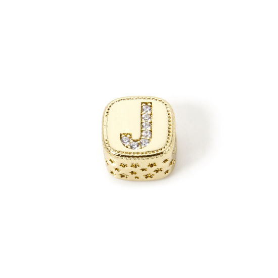 Bild von 1 Stück Umweltfreundlich Messing Perlen zur DIY-Schmuckherstellung 18K Echtgold plattiert Würfel Anfangsbuchstabe/ Großbuchstabe Message " J " Micro Pave Klar Zirkonia 9mm x 9mm, Loch: ca. 3.8mm