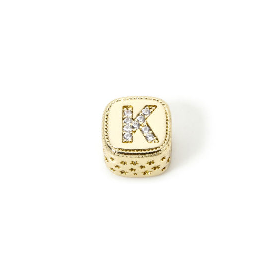 Bild von 1 Stück Umweltfreundlich Messing Perlen zur DIY-Schmuckherstellung 18K Echtgold plattiert Würfel Anfangsbuchstabe/ Großbuchstabe Message " K " Micro Pave Klar Zirkonia 9mm x 9mm, Loch: ca. 3.8mm