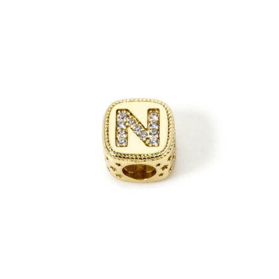Bild von 1 Stück Umweltfreundlich Messing Perlen zur DIY-Schmuckherstellung 18K Echtgold plattiert Würfel Anfangsbuchstabe/ Großbuchstabe Message " N " Micro Pave Klar Zirkonia 9mm x 9mm, Loch: ca. 3.8mm