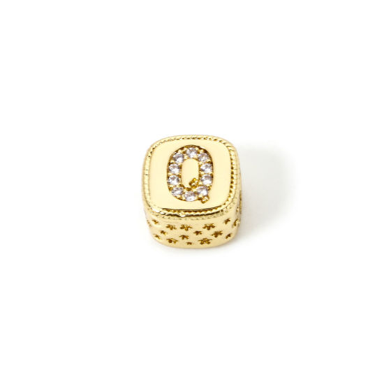 Bild von 1 Stück Umweltfreundlich Messing Perlen zur DIY-Schmuckherstellung 18K Echtgold plattiert Würfel Anfangsbuchstabe/ Großbuchstabe Message " Q " Micro Pave Klar Zirkonia 9mm x 9mm, Loch: ca. 3.8mm