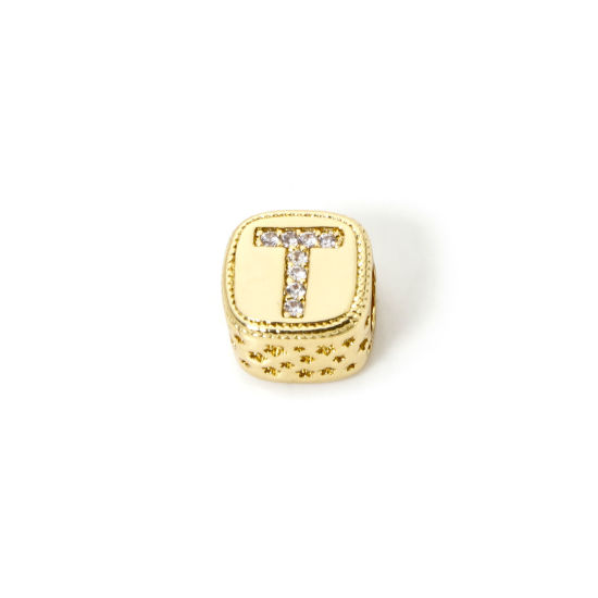 Bild von 1 Stück Umweltfreundlich Messing Perlen zur DIY-Schmuckherstellung 18K Echtgold plattiert Würfel Anfangsbuchstabe/ Großbuchstabe Message " T " Micro Pave Klar Zirkonia 9mm x 9mm, Loch: ca. 3.8mm